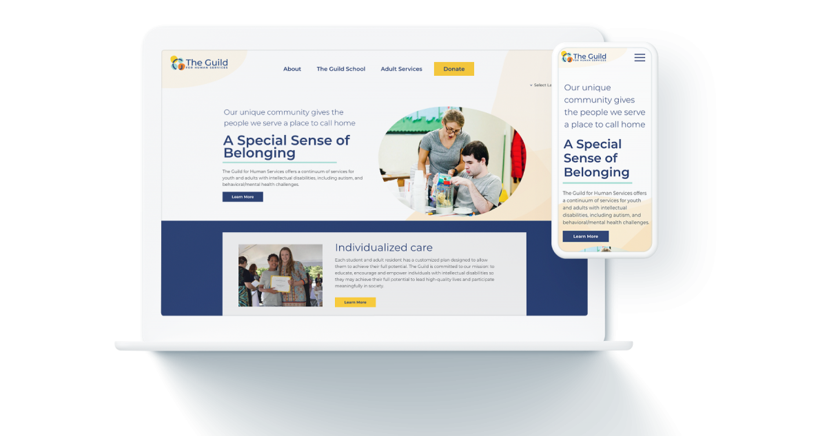 Mockup of the Guild for Human Services homepage on computer and phone